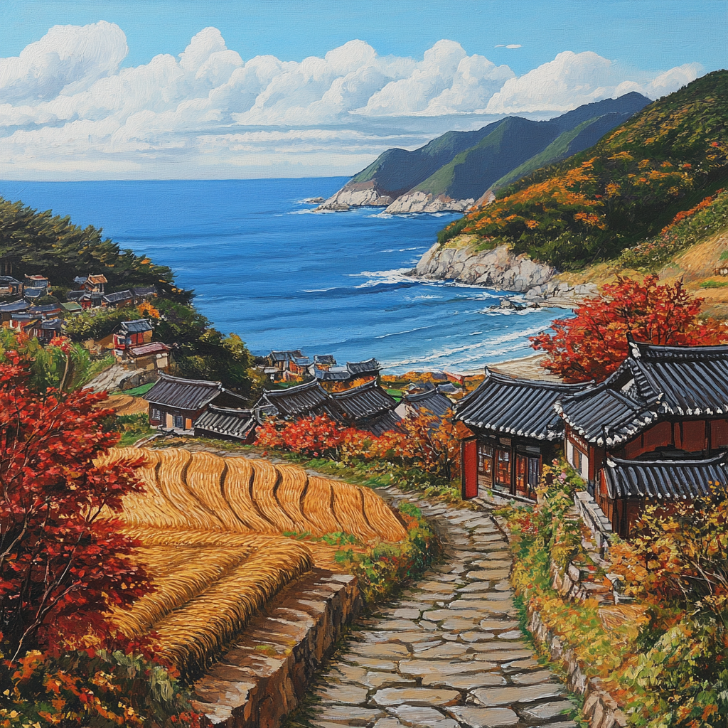 Autumn Island with Rice Fields and Coastal Path