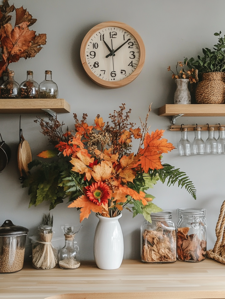 Autumn Kitchen Decor with Dried Flowers and Ferns