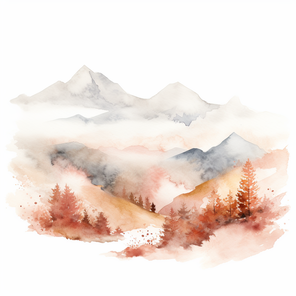 Autumn Mountain Watercolor Illustration in Minimalist Style