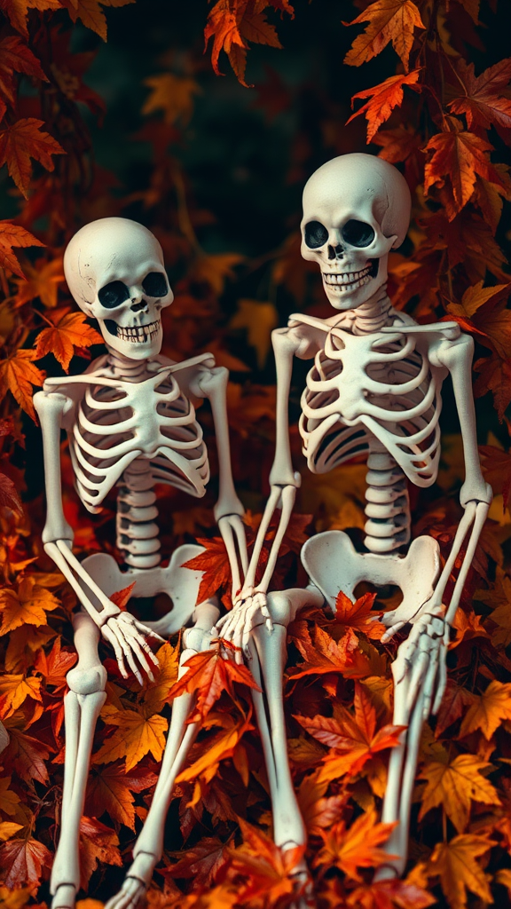 Autumn Skeletons Surrounded By Swirling Leaves