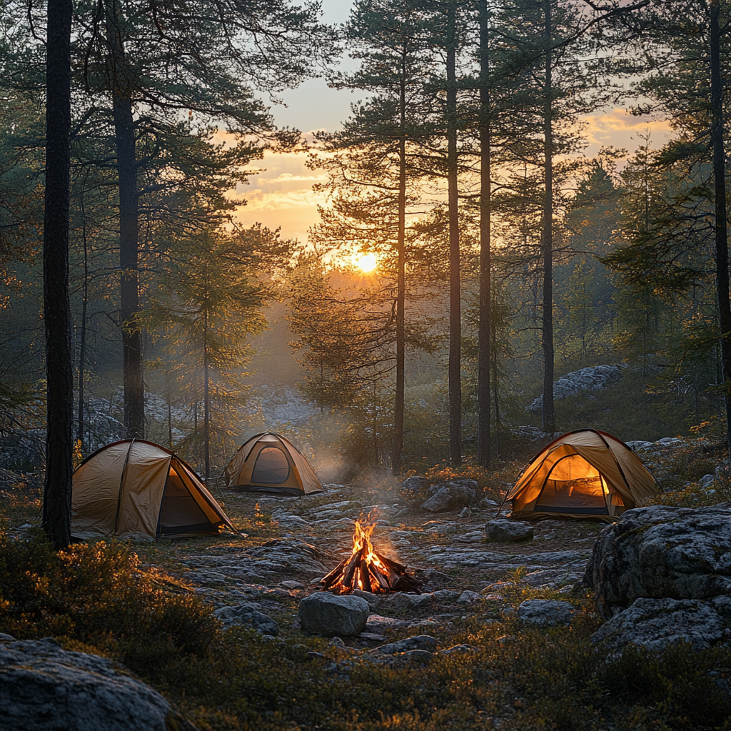 Autumn Sunrise Campsite with Bonfire in Forest