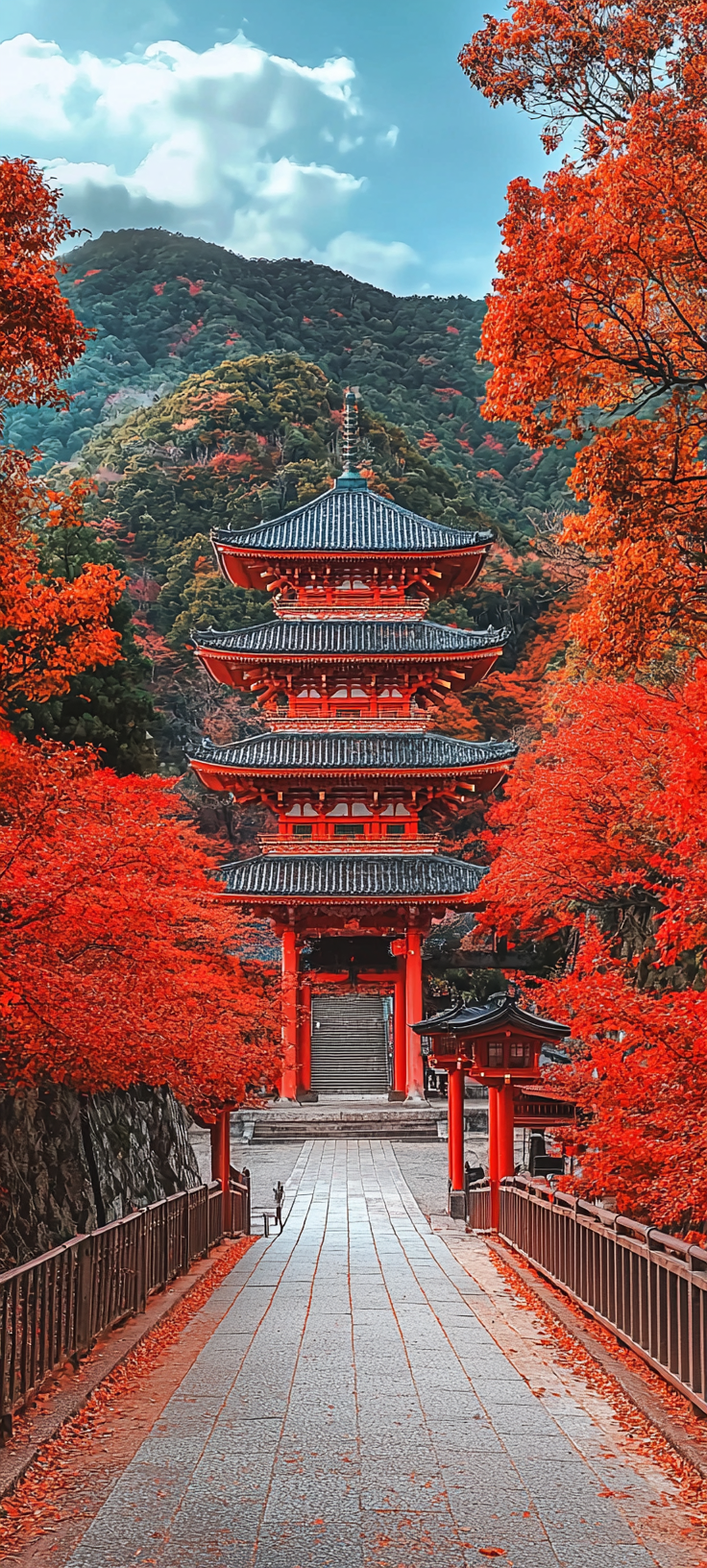 Autumn leaves in Japan, Temple in Mountains