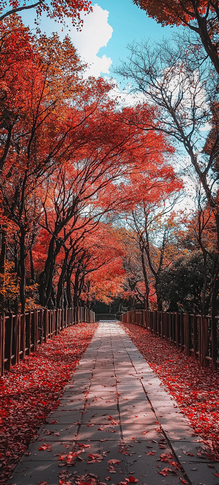 Autumn leaves in Japan park, red trees, blue sky