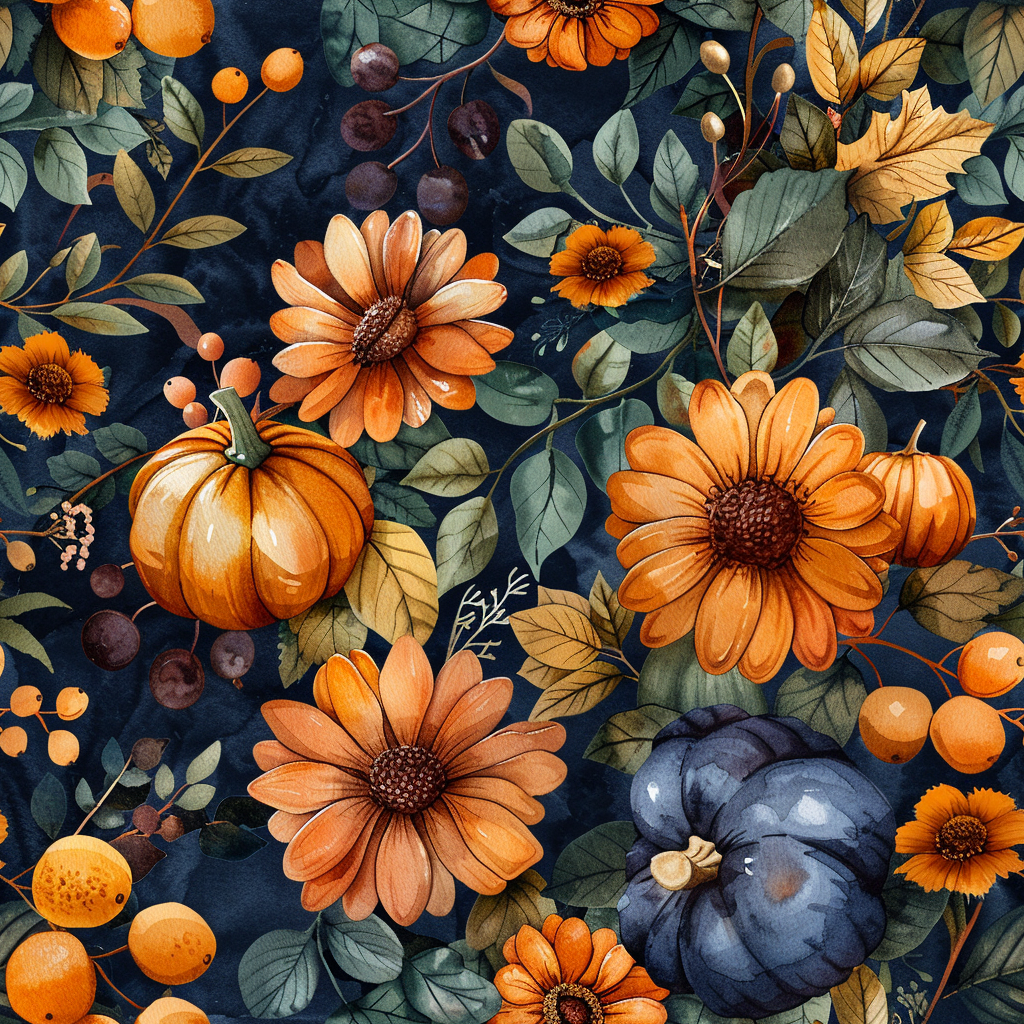Autumn pattern with pumpkins, flowers, leaves in dark colors.