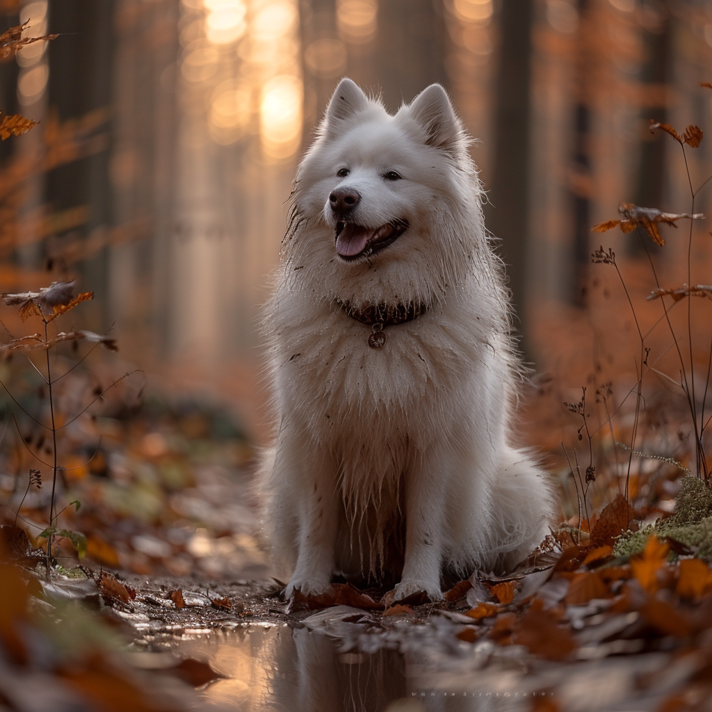 Autumn photo captures happy dog in forest setting.