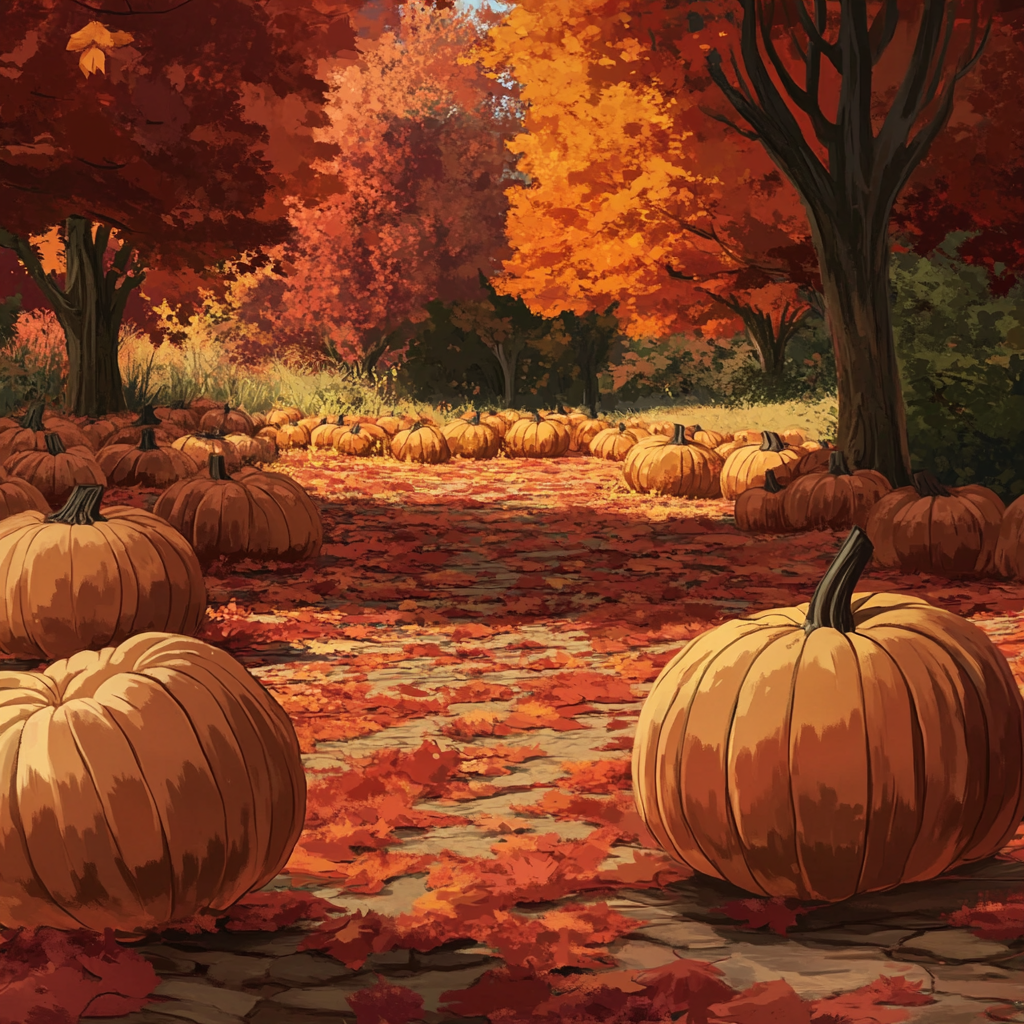 Autumn pumpkin patch scene with fallen leaves and trees.