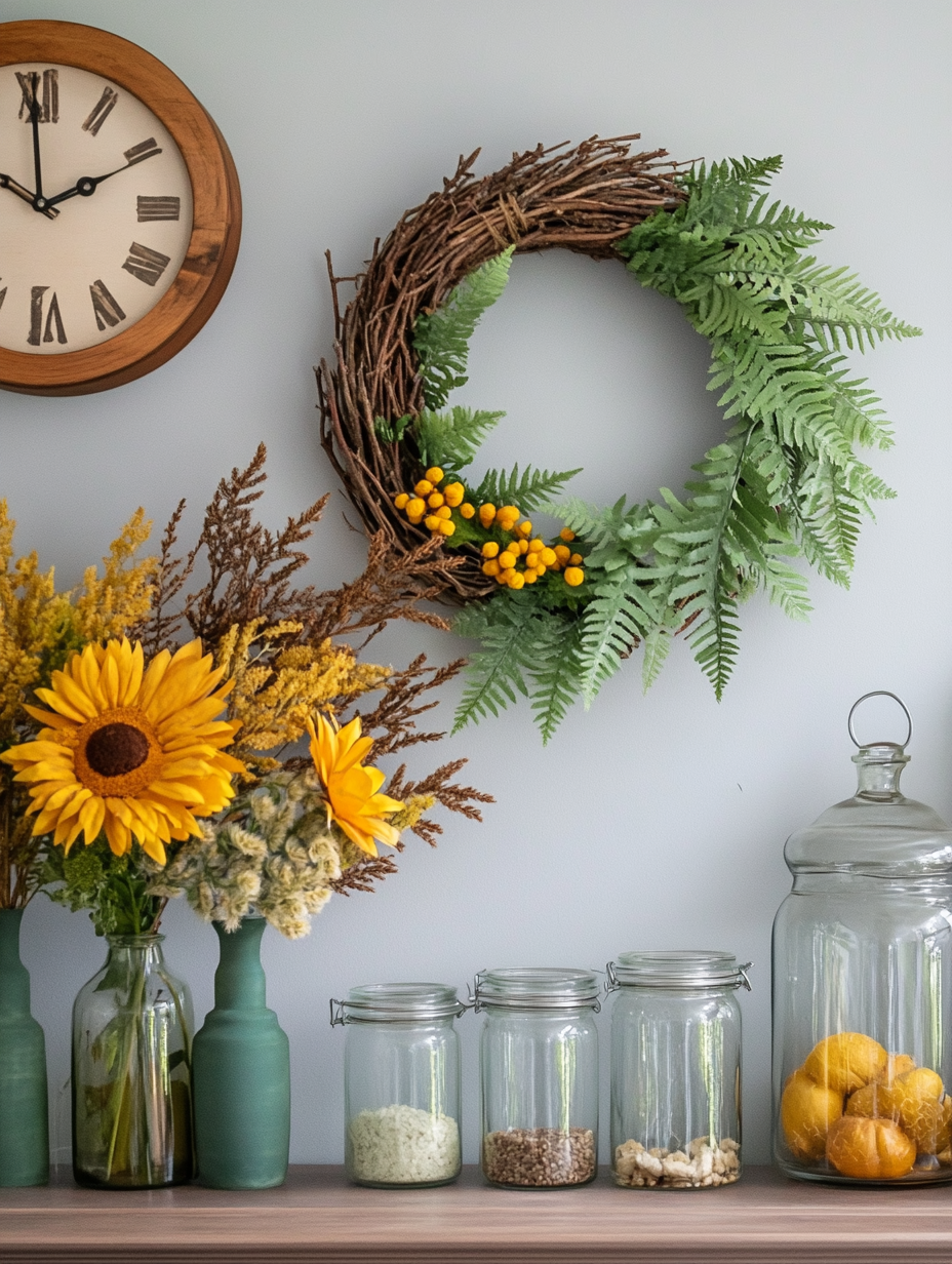 Autumn wreath, flowers, clock, jars decorate kitchen walls