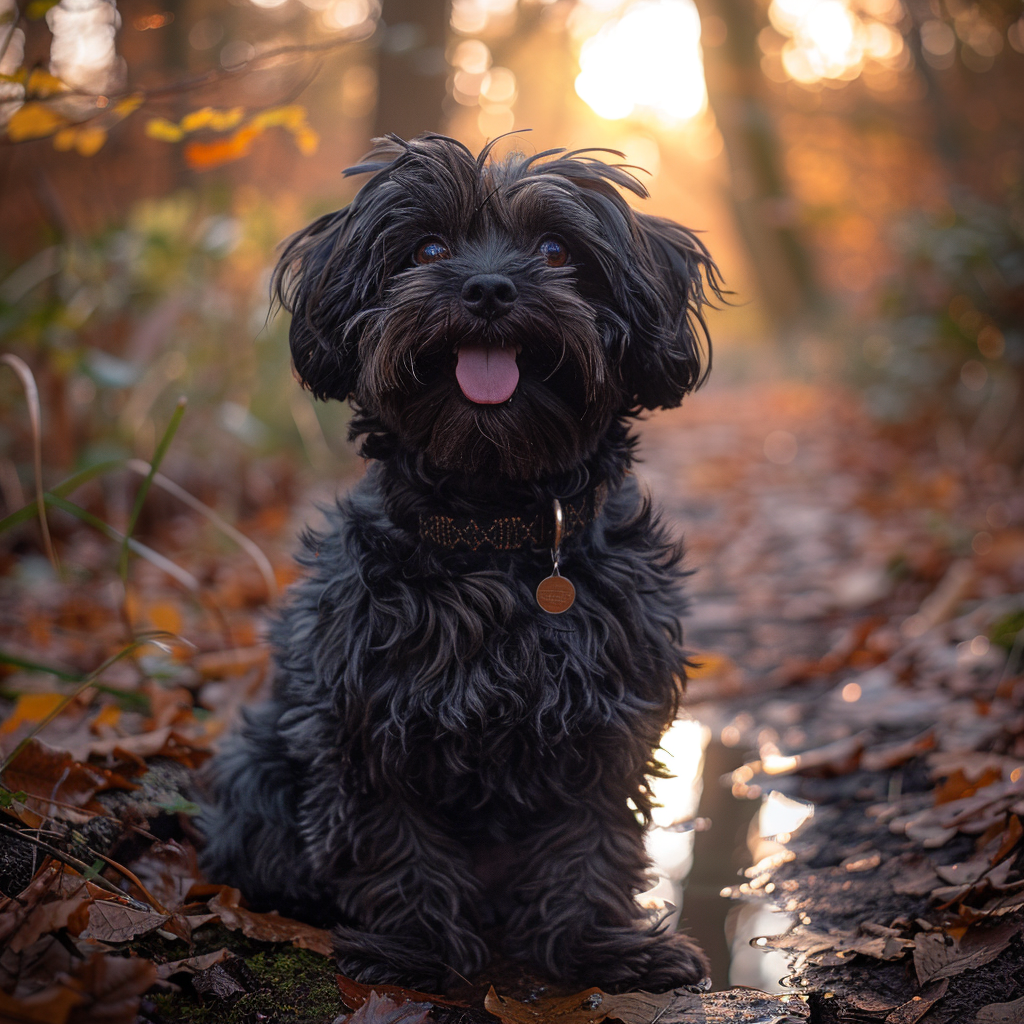 Autumnal photo of happy dog in serene forest.