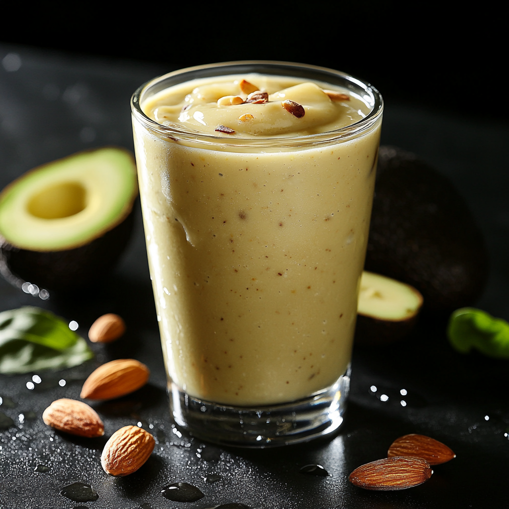 Avocado Banana Smoothie with Real Banana Decoration: Hyper-realistic 16K Photo