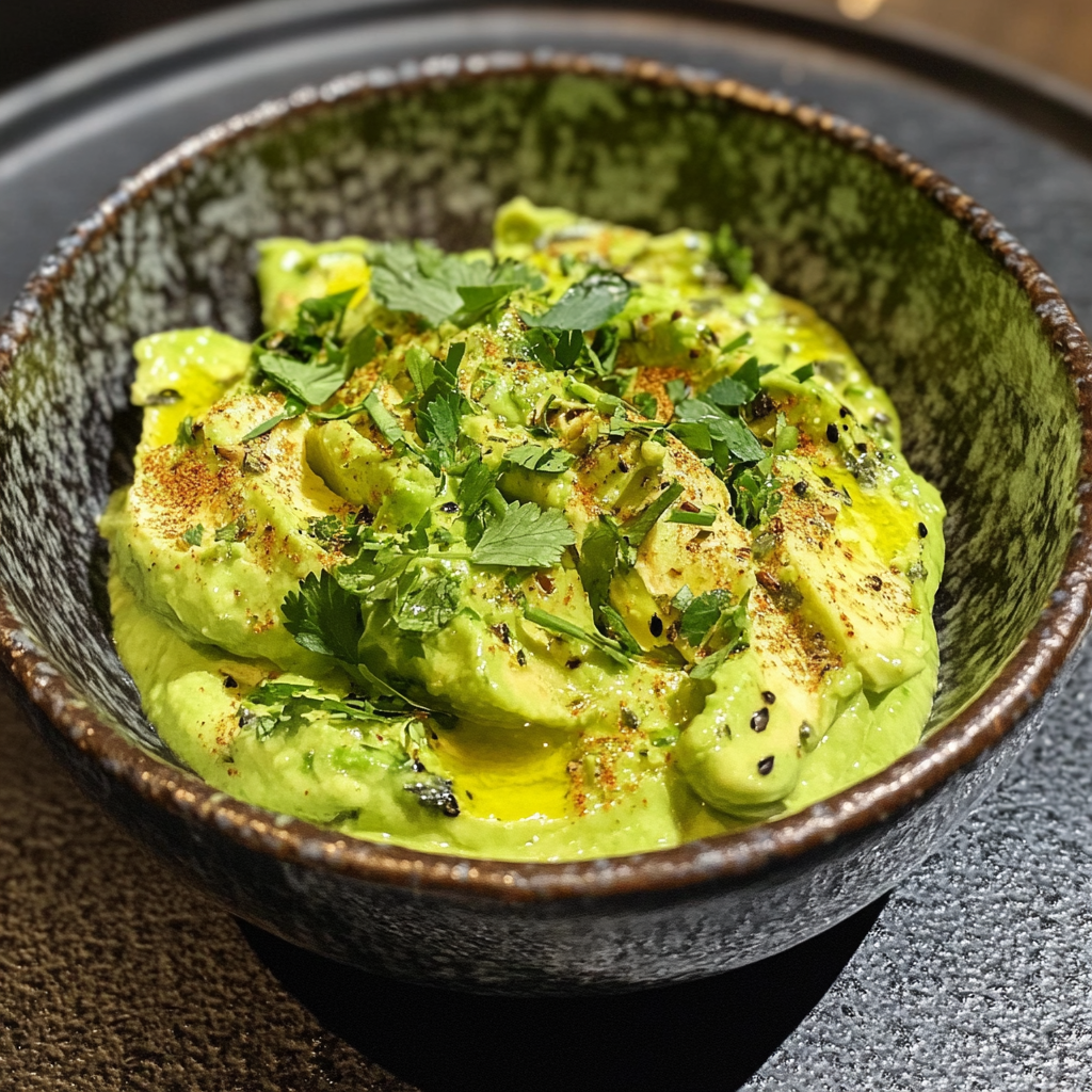 Avocado cream with herbs and spices in bowl