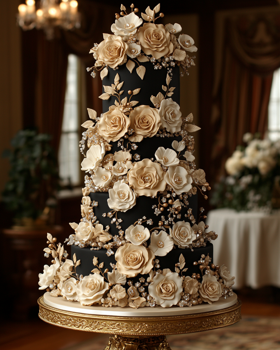 Award-winning royal wedding cake in grand ballroom