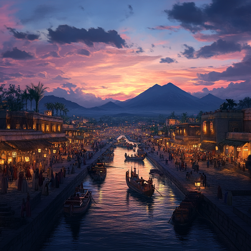 Aztecs busy by canal at sunset in Tenochtitlán.