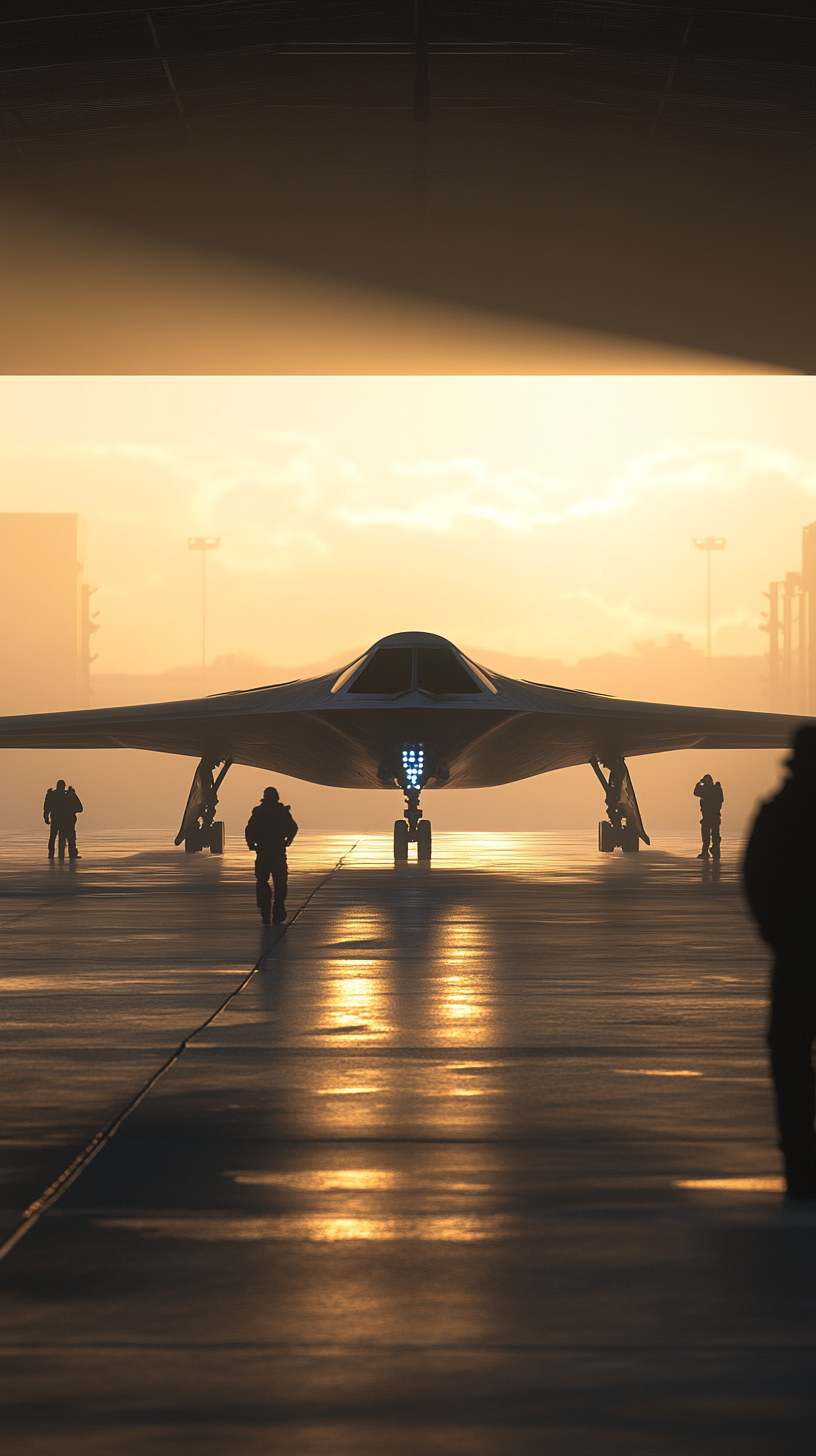 B-21 Raider emerges from hangar, sleek, futuristic design.