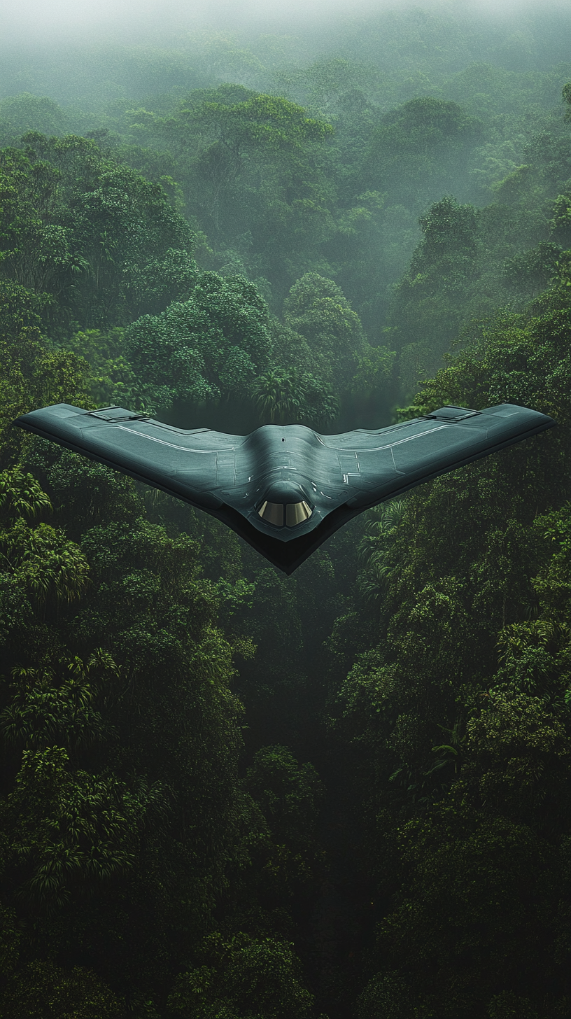 B-21 Raider flies low over jungle, penetrates defenses.