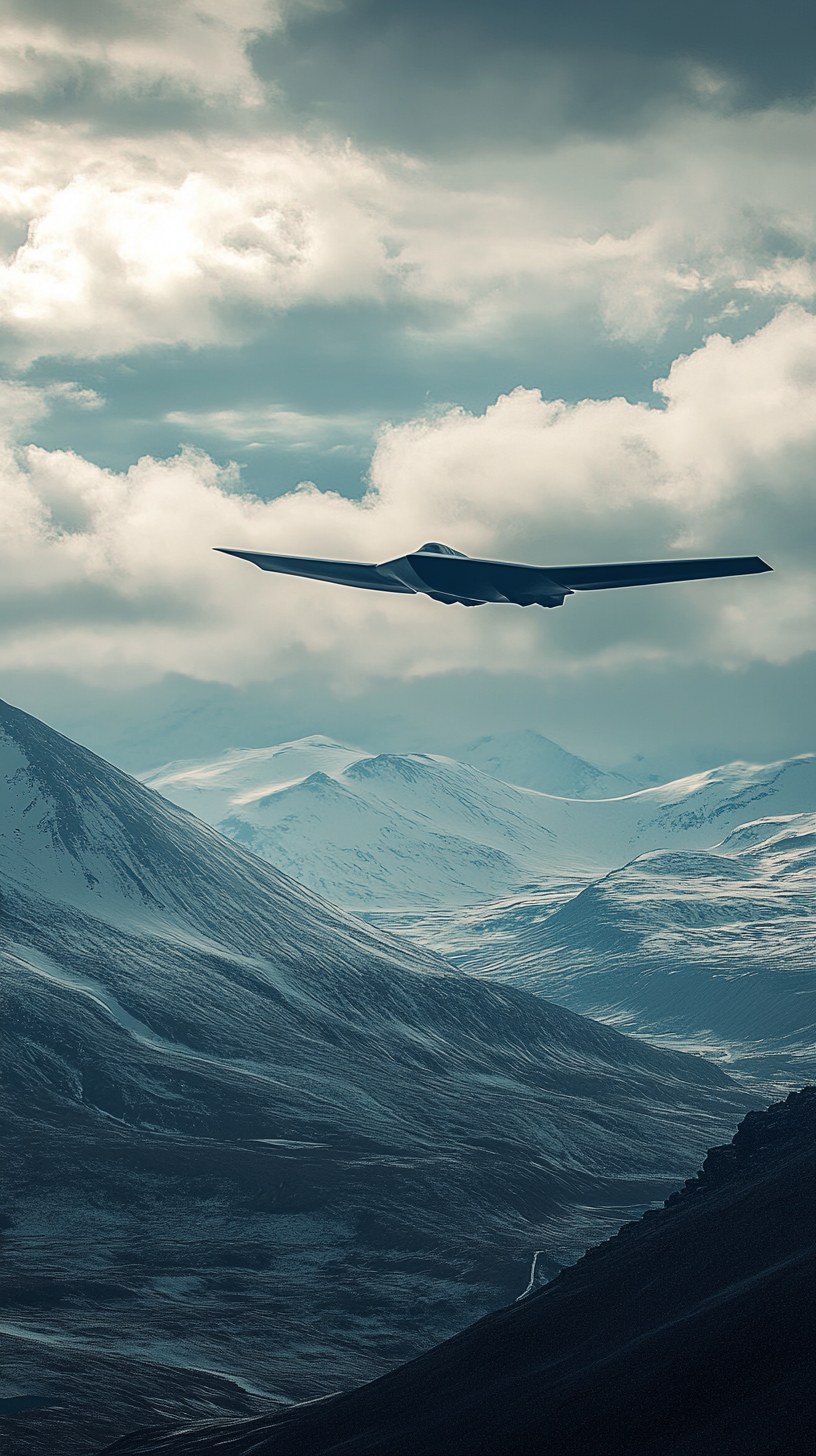 B-21 Raider flying over mountain range, global reach.