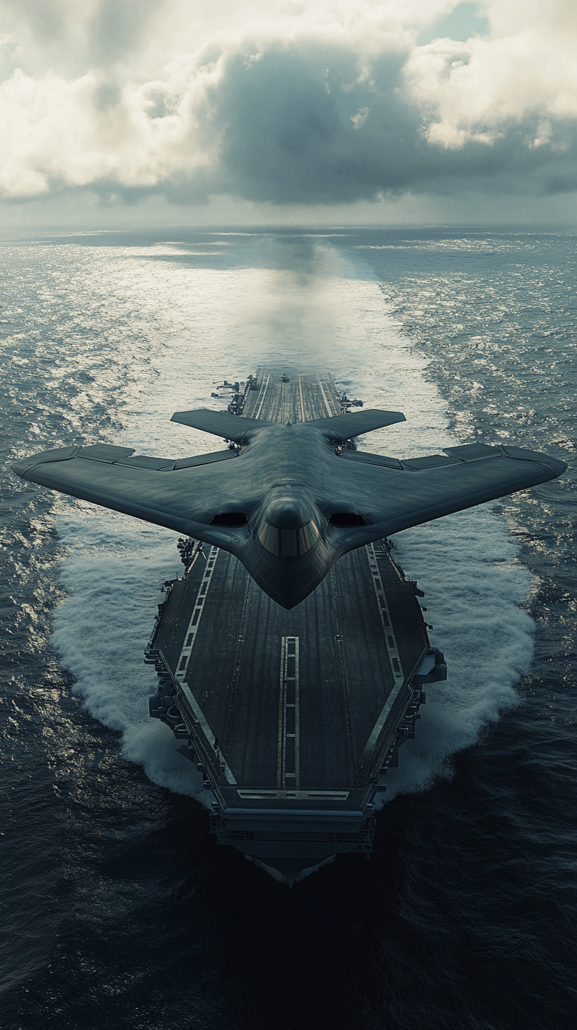 B-21 Raider flying over ocean, global operation ability.