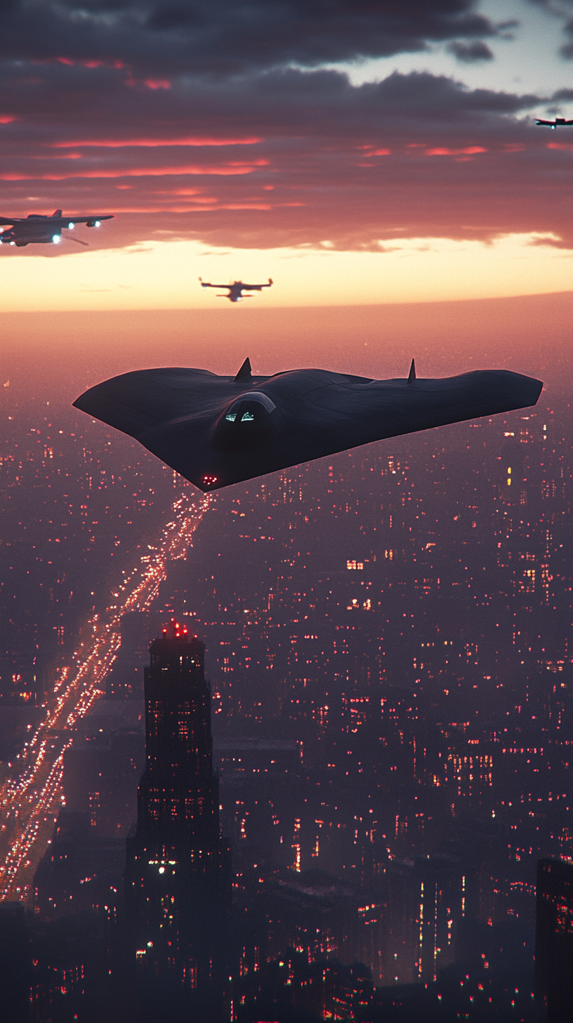 B-21 Raider flying undetected over enemy city.