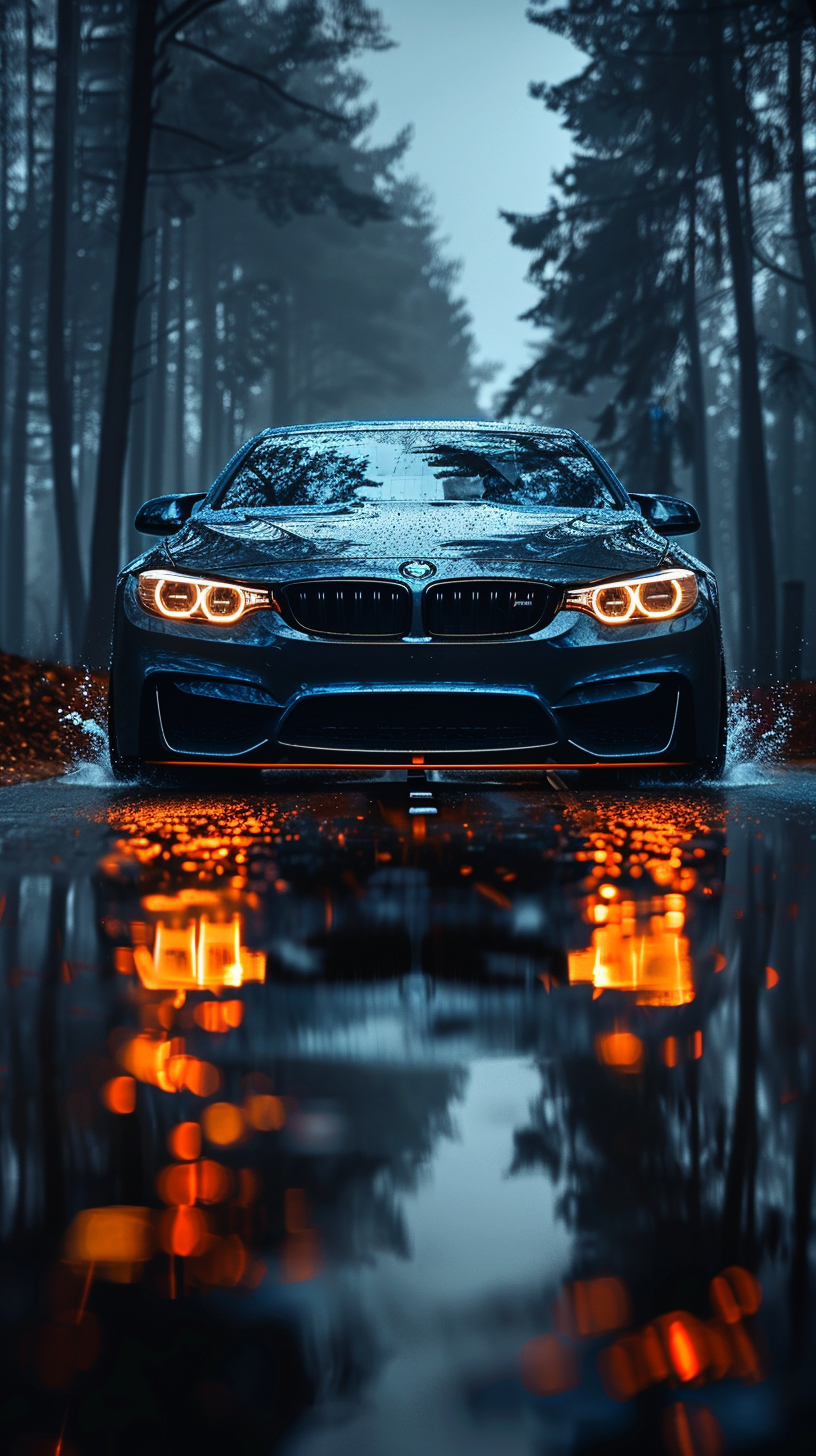 BMW M4 Driving on Rainy Night Road