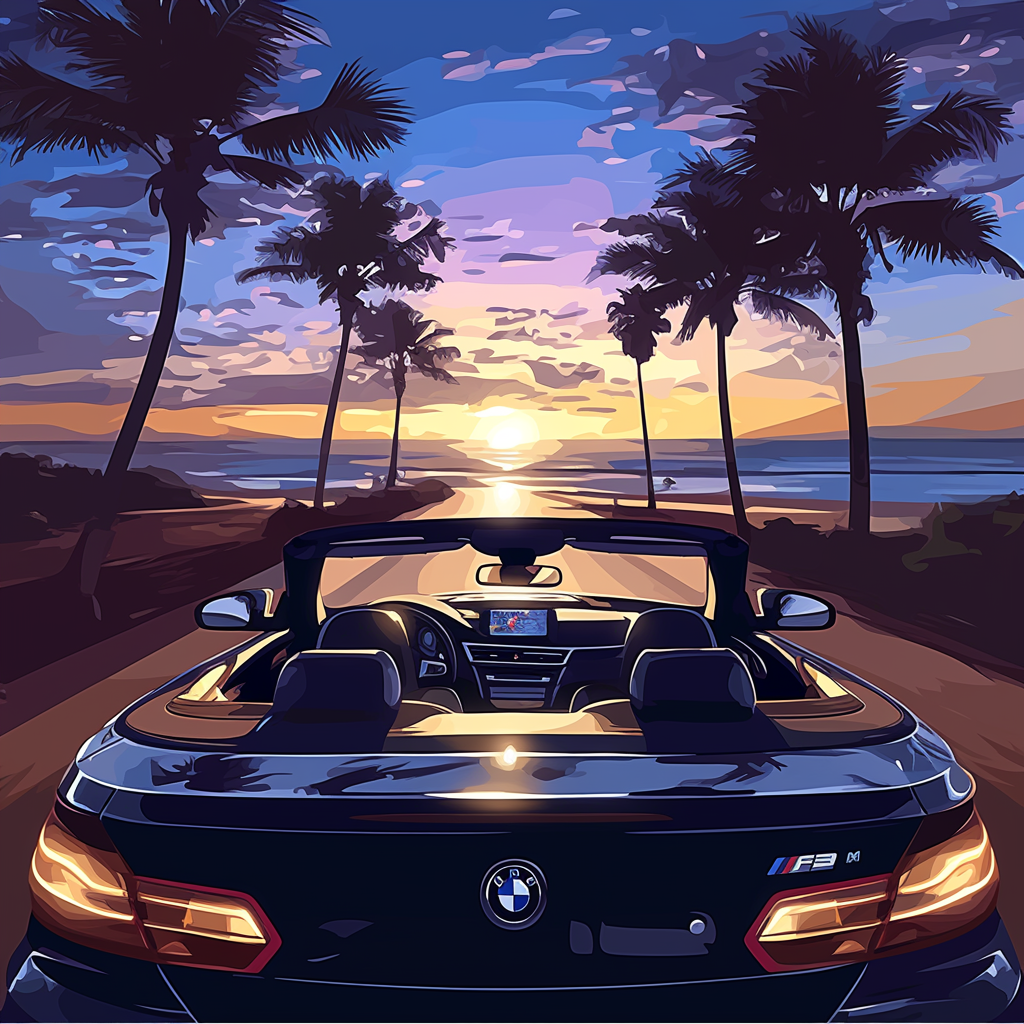 BMW convertible driving towards sun, palm trees on road.