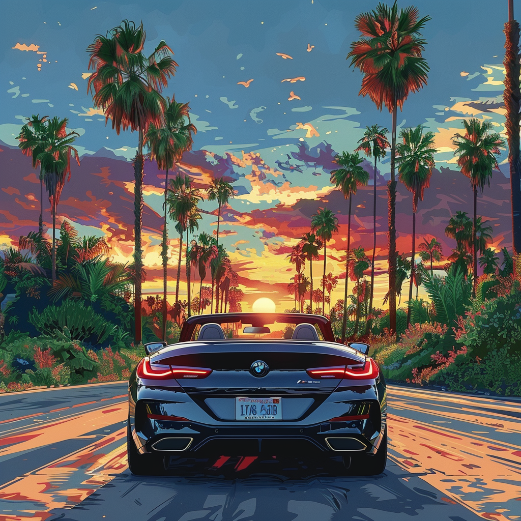 BMW convertible driving towards sunlit horizon with palm trees.