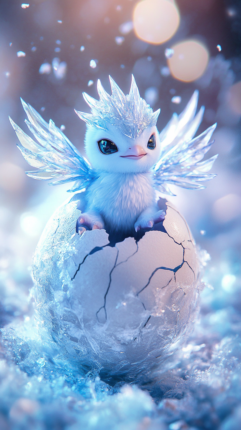 Baby Articuno hatching from frosty egg on icy landscape.