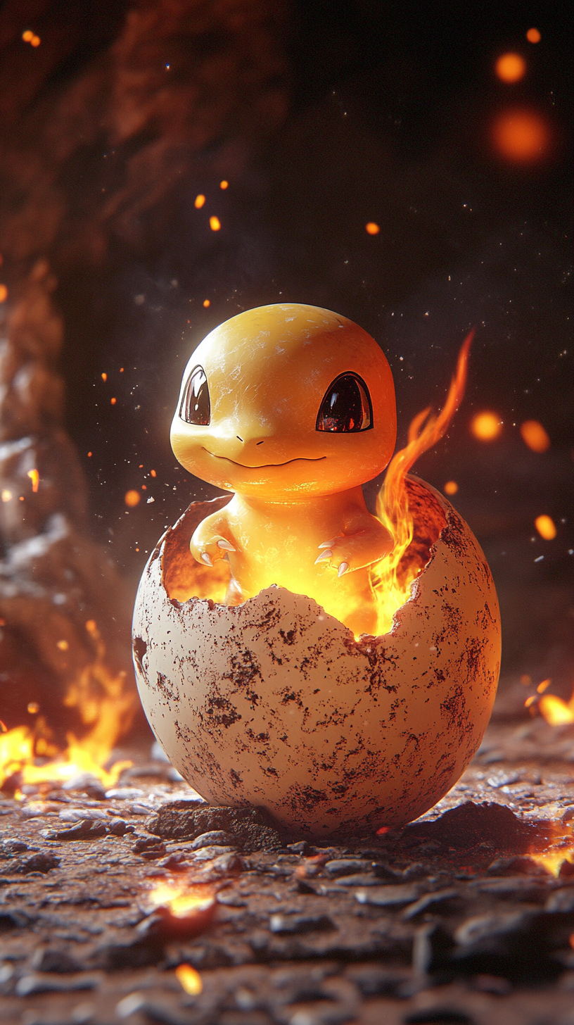 Baby Charmander hatches from egg in cozy cave.