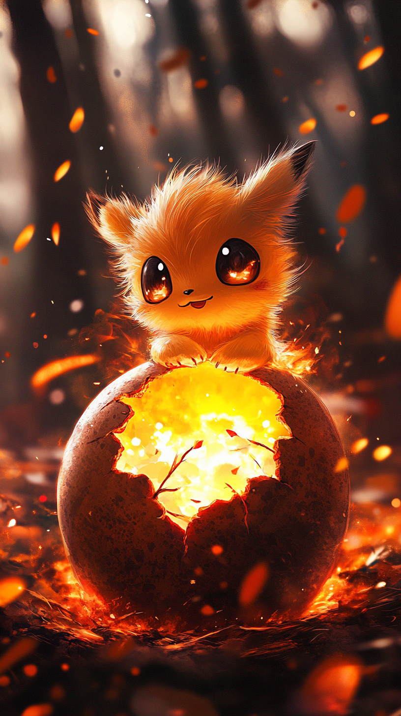 Baby Chimchar hatches from egg with fiery, cute flames.