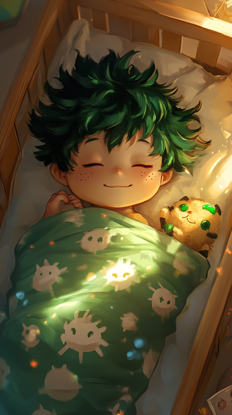 Baby Deku sleeping peacefully in crib surrounded by hero gear.