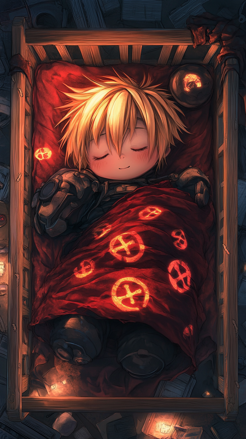 Baby Edward Elric from Fullmetal Alchemist sleeping adorably in crib