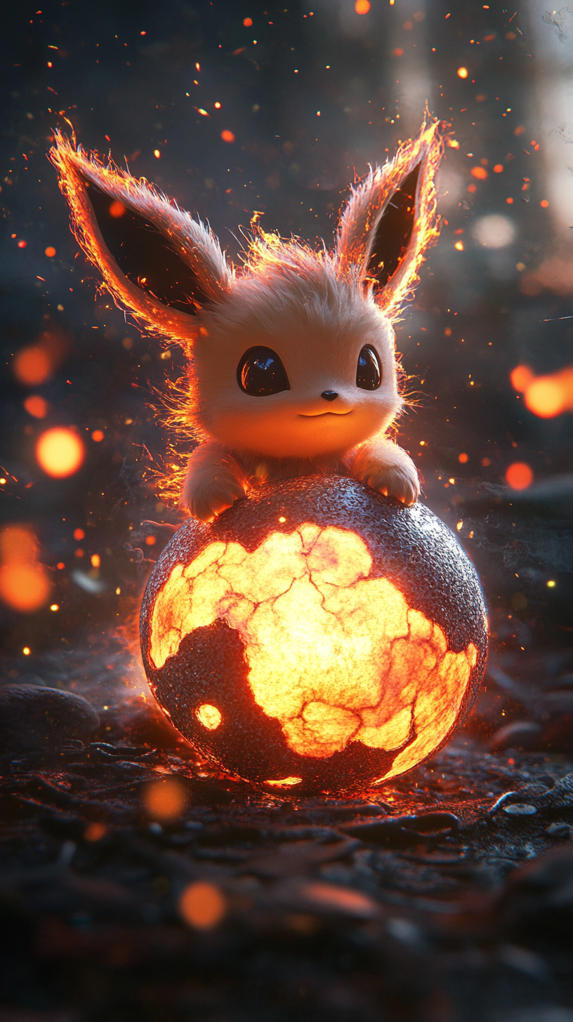 Baby Eevee hatching from fiery egg in magical setting.