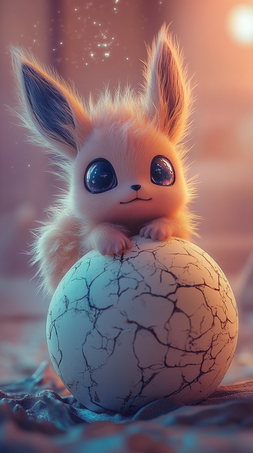 Baby Eevee hatching from glowing egg, dreamy background.