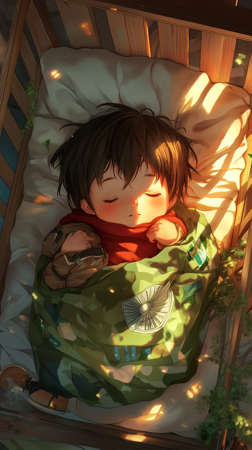 Baby Eren sleeping in cute crib with plush toys.