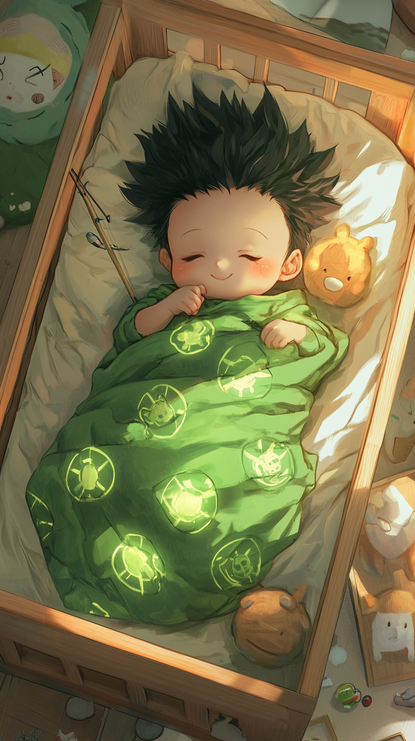 Baby Gon sleeping peacefully, surrounded by cute Hunter x Hunter items.