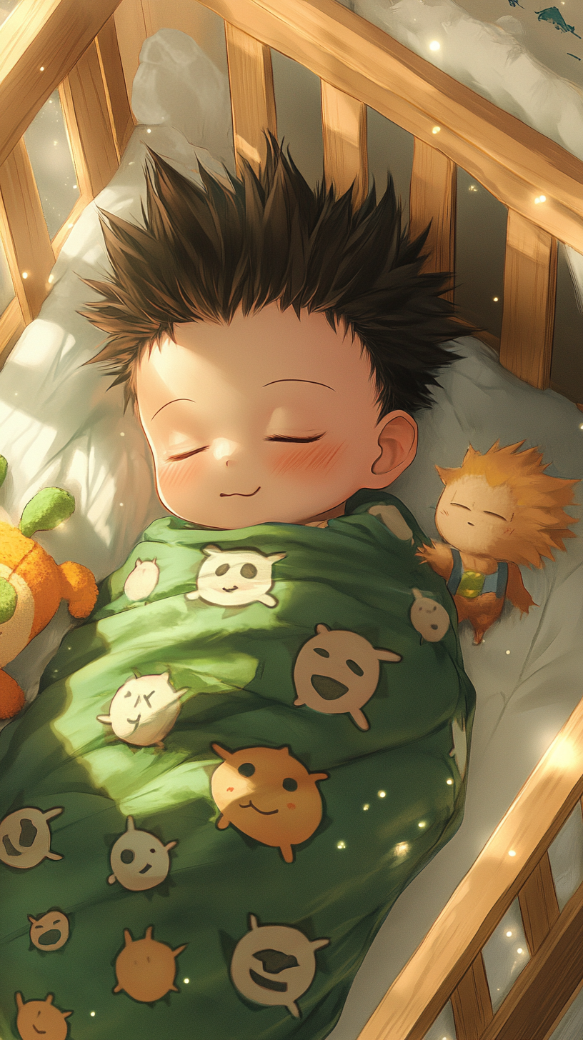 Baby Gon sleeping peacefully in 'uwu' style, surrounded by plush toys.