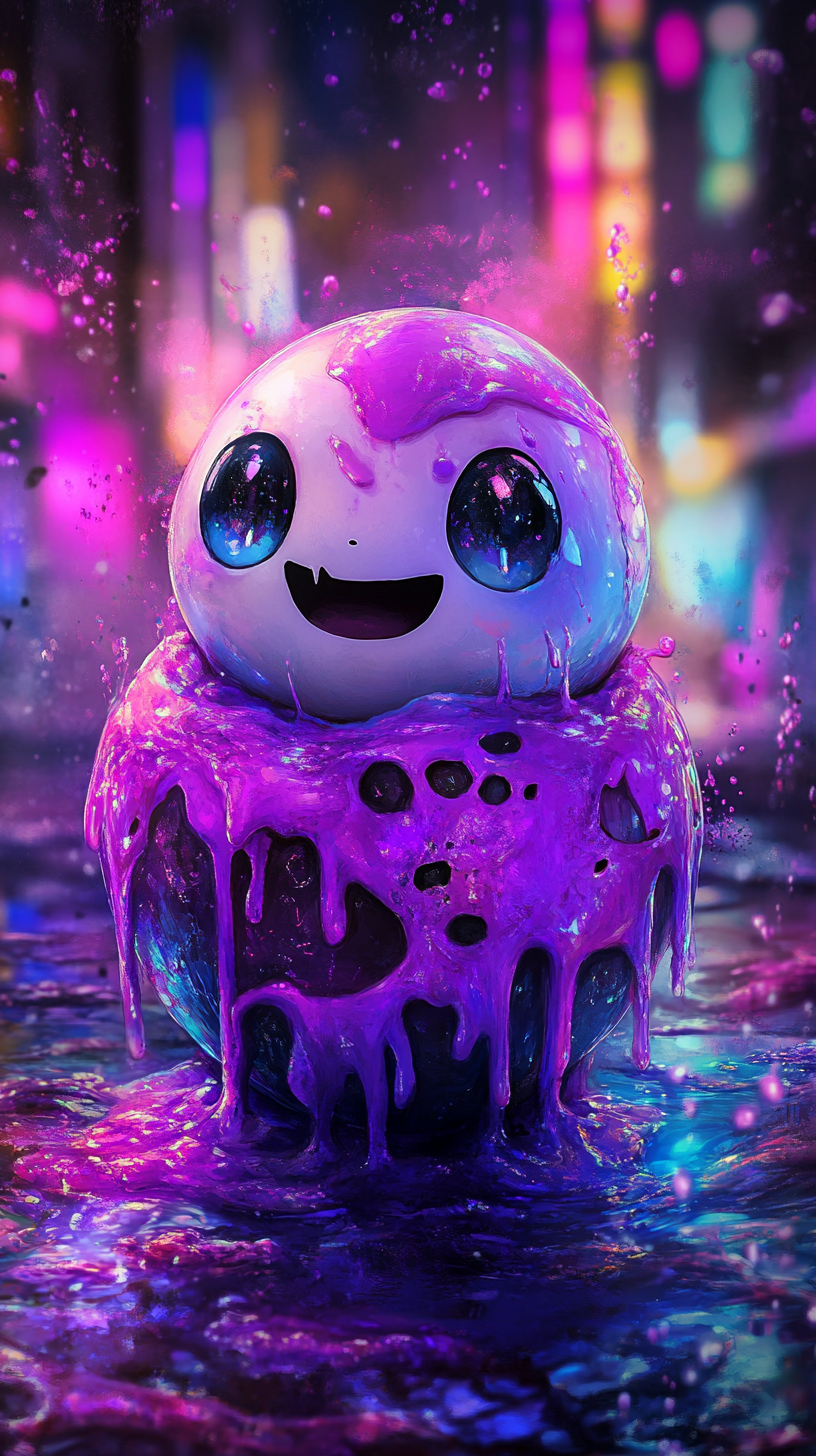 Baby Grimer hatching from gooey egg in colorful cityscape.