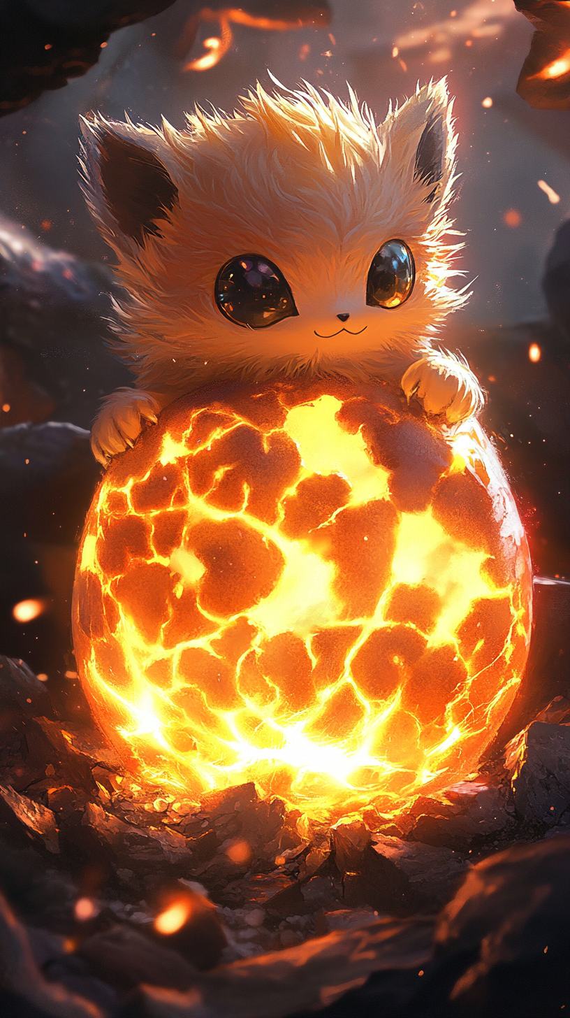 Baby Growlithe hatching from glowing egg with fiery patterns.