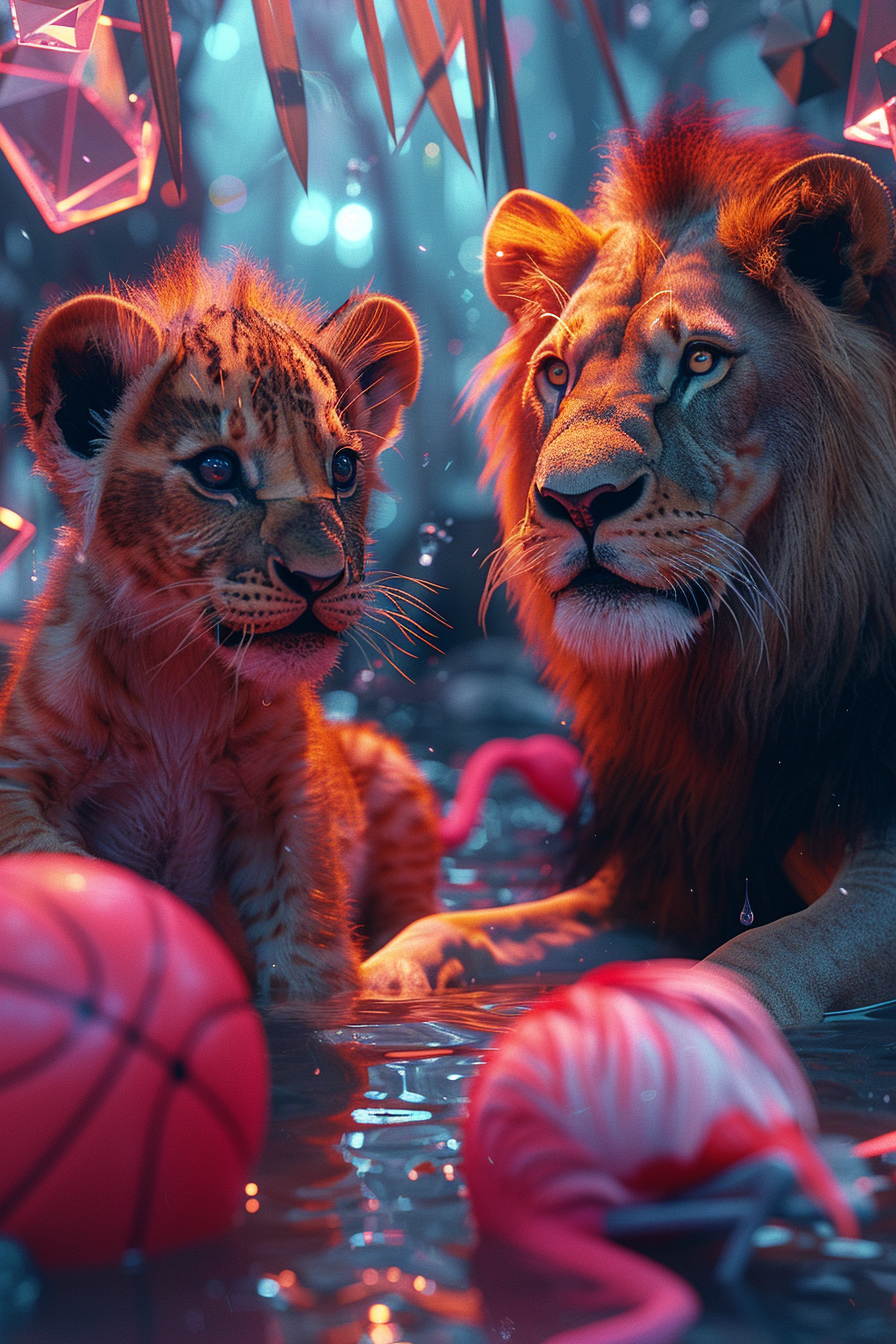 Baby Lion, Flamingo Basketball in Neon Geometric Surrealism