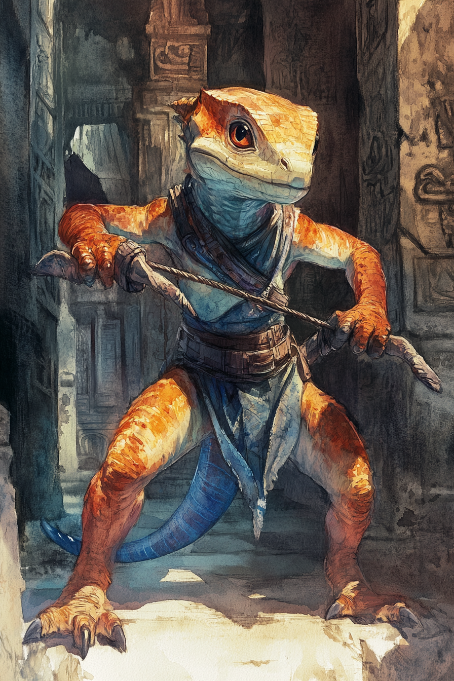 Baby Lizard Rogue in Aztec Ruin with Slingshot