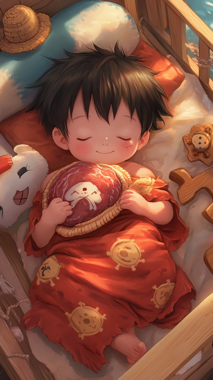 Baby Luffy in a cute 'uwu' style, sleeping peacefully.