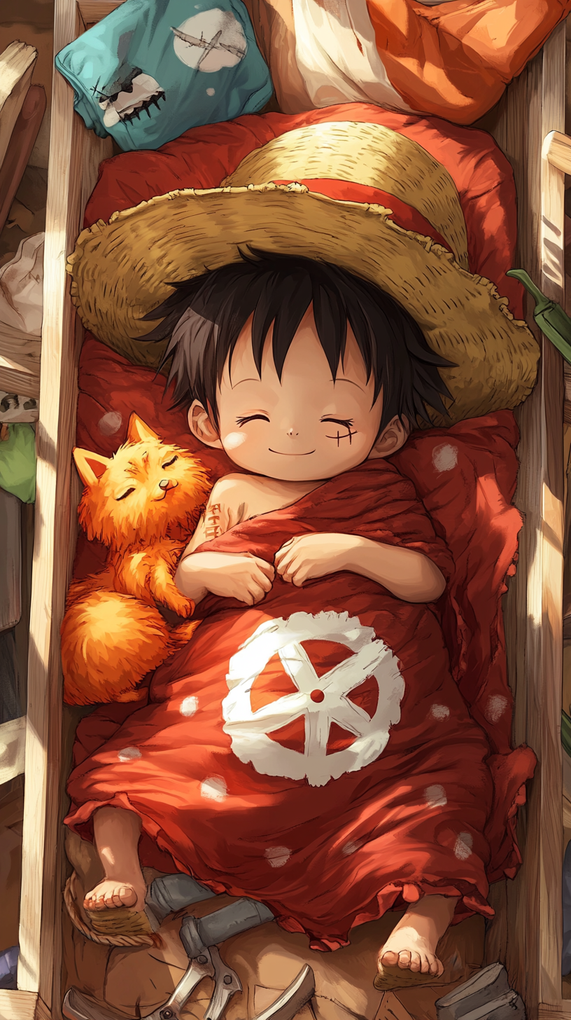 Baby Luffy sleeping in a cozy pirate-themed crib.