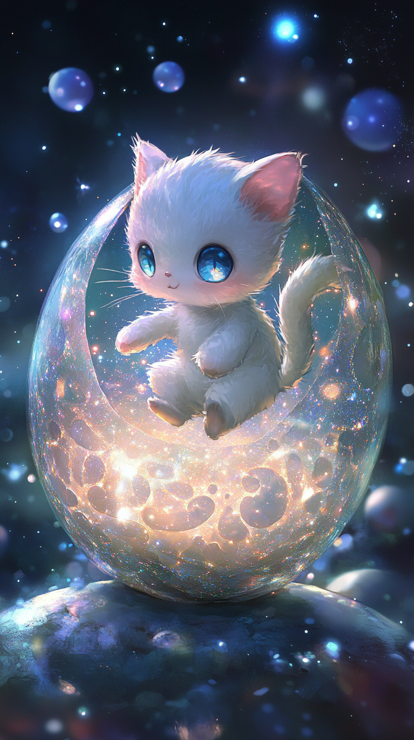 Baby Mew hatching from cosmic egg in dreamy sky.