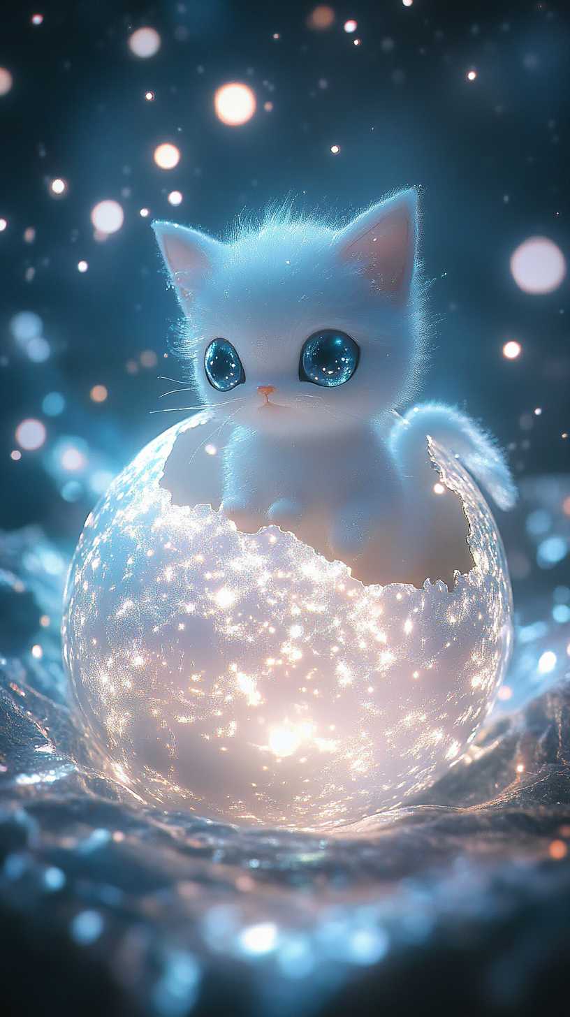 Baby Mew in cracked egg, glowing cosmic patterns.