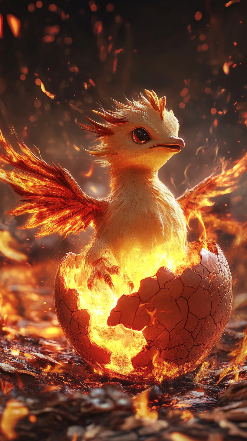 Baby Moltres hatching from fiery egg in stunning detail.