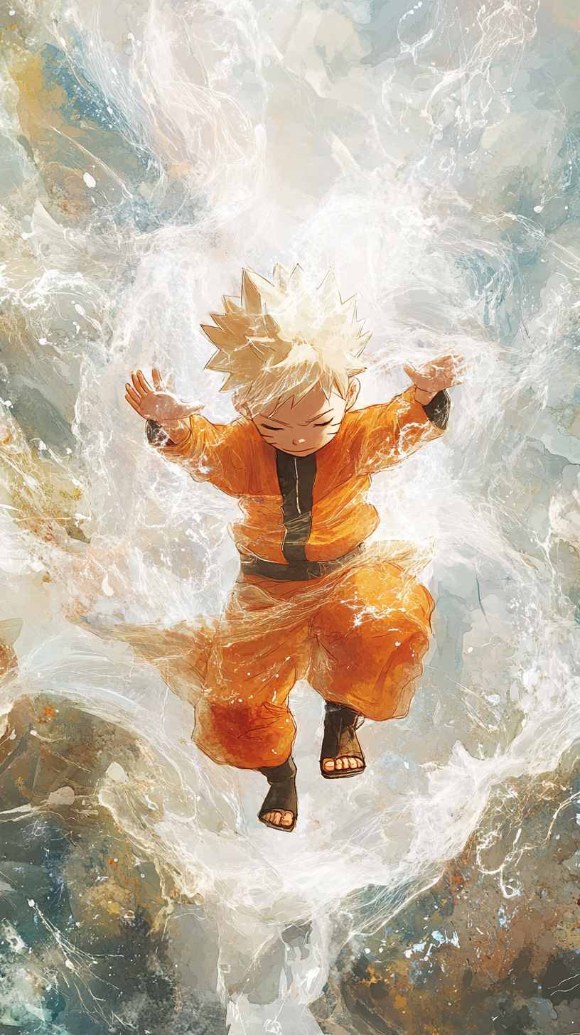 Baby Naruto in watercolor style engaged in gentle battle.