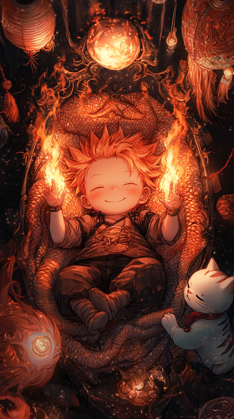 Baby Natsu with flames, dragon cradle, Happy plush.