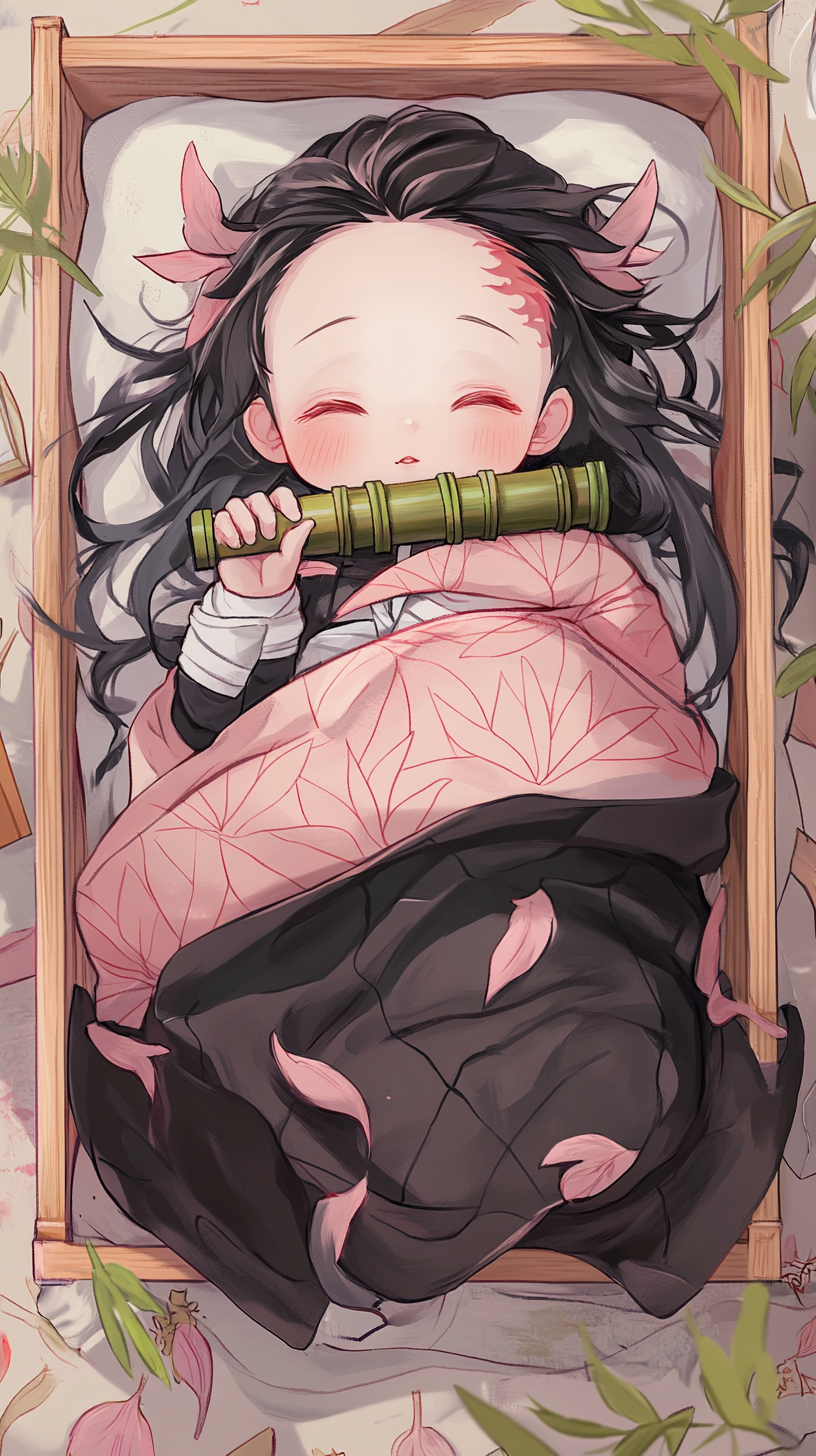 Baby Nezuko sleeping peacefully in cozy crib surrounded by toys.