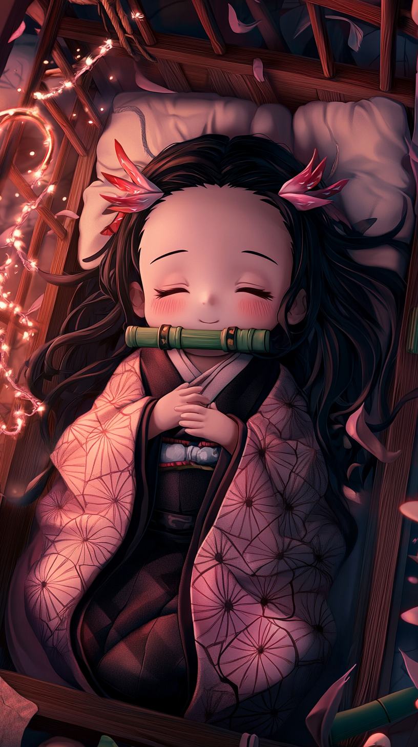 Baby Nezuko sleeping peacefully in demon slayer-themed crib.