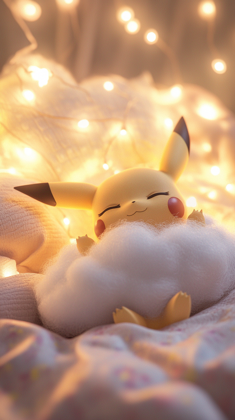 Baby Pikachu cuddling cloud pillow in pastel colored bedroom.