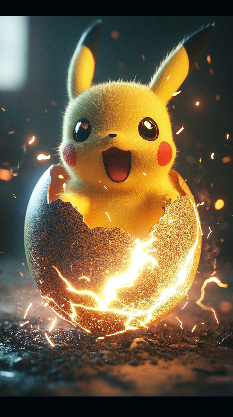 Baby Pikachu hatching from egg, surrounded by sparks. Smiling.