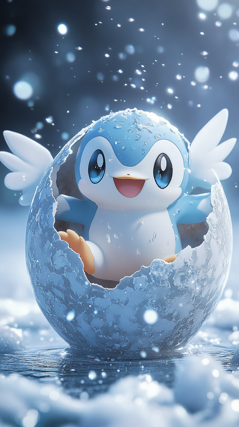 Baby Piplup hatching from icy egg in snowy landscape.